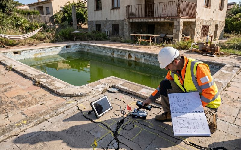 inspección piscina revisando zonas posibles fuga