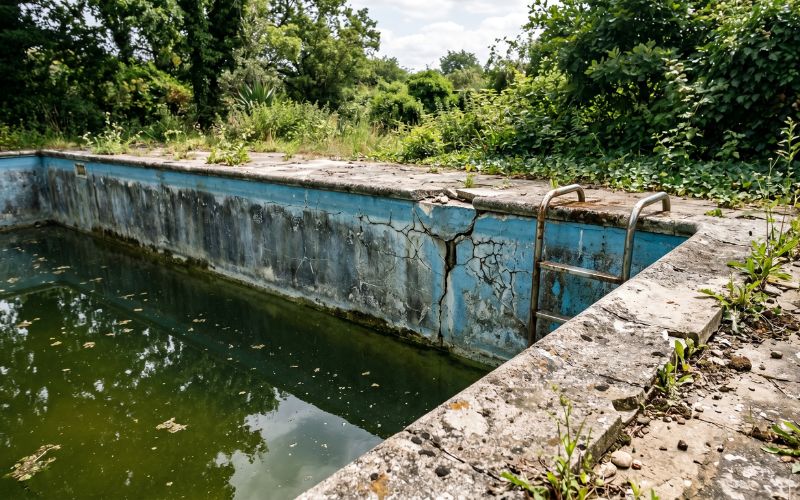desgaste y grietas en esquina de piscina deteriorada