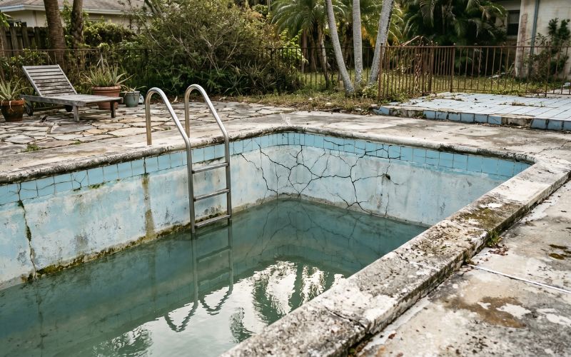 grietas en esquina de piscina con desgaste estructural