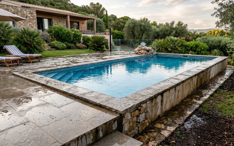 humedad alrededor de una piscina con posibles filtraciones