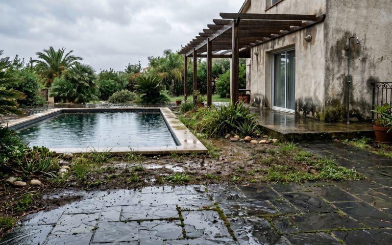 humedad persistente alrededor de una piscina exterior