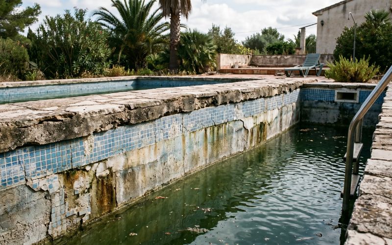 ligera deformación en pared de piscina con desgaste estructural