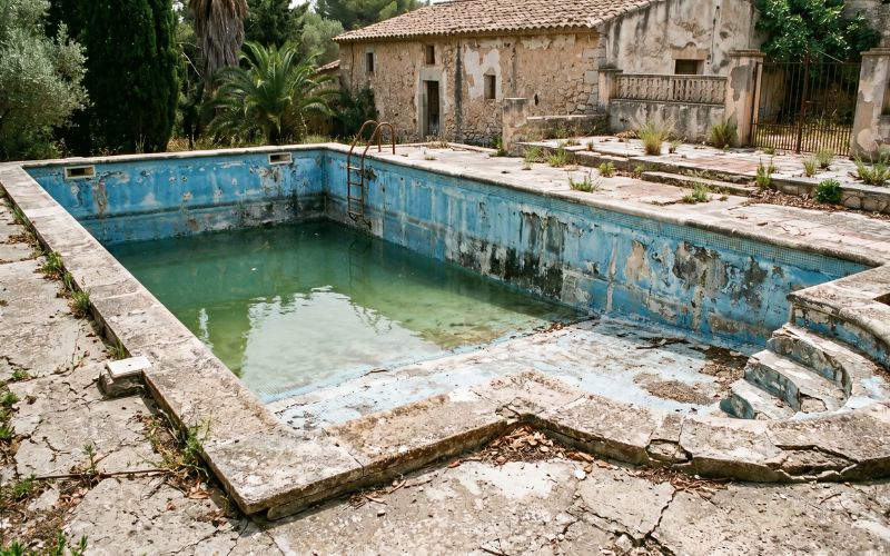 piscina antigua mostrando desgaste y deformaciones progresivas