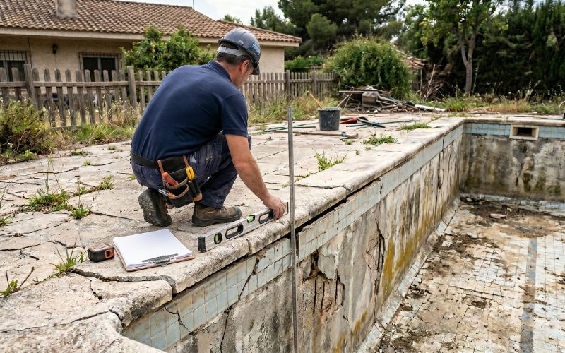 revisión técnica de desniveles y hundimientos en piscina