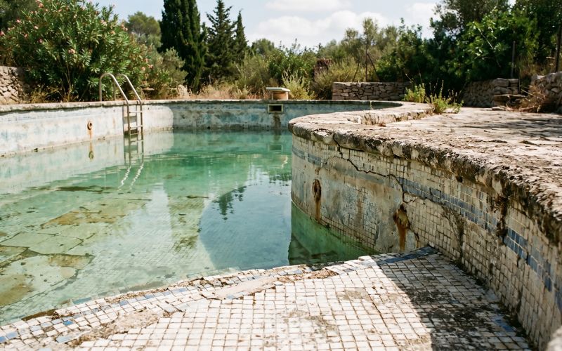 superficie de piscina mostrando desgaste e irregularidades