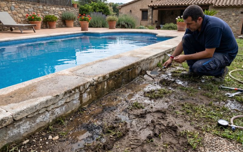 terreno húmedo junto a piscina con posible filtración